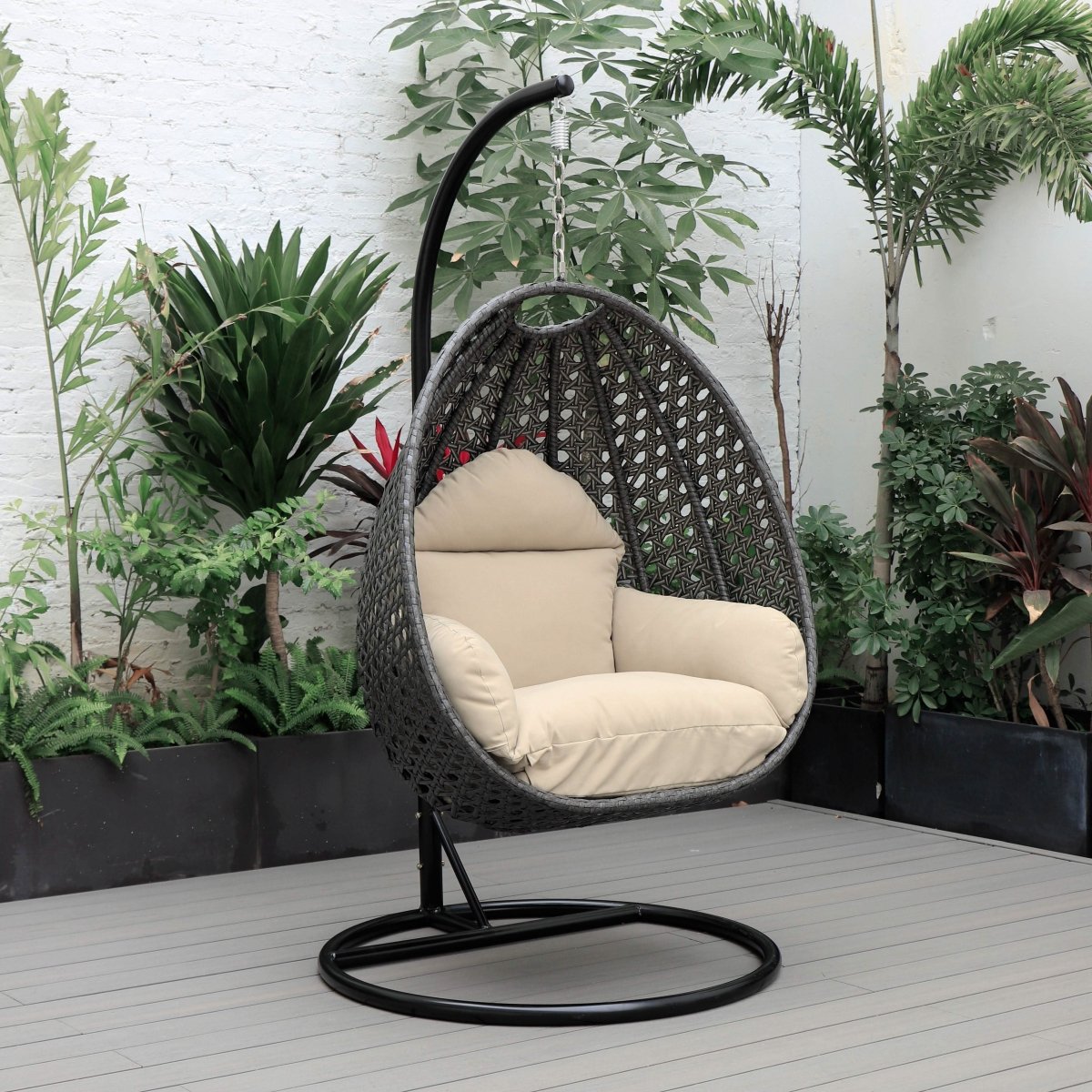 Modern Wicker Hanging Single Seating Egg Swing Chair in Beige/Charcoal/White Frame With Cushions