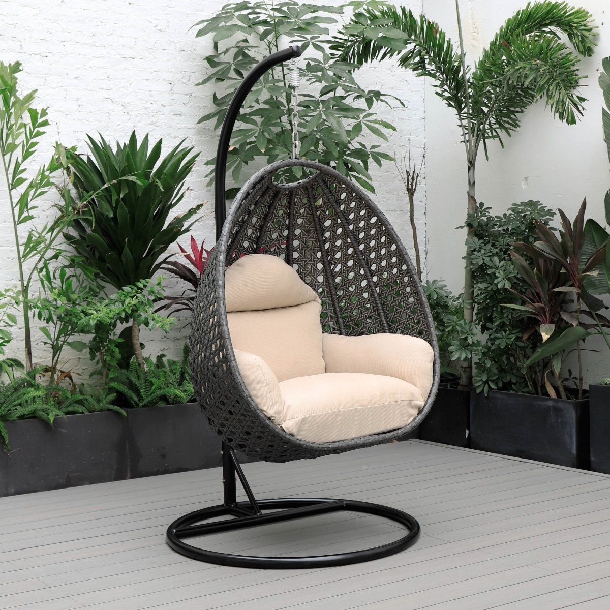 Modern Wicker Hanging Single Seating Egg Swing Chair in Beige/Charcoal/White Frame With Cushions