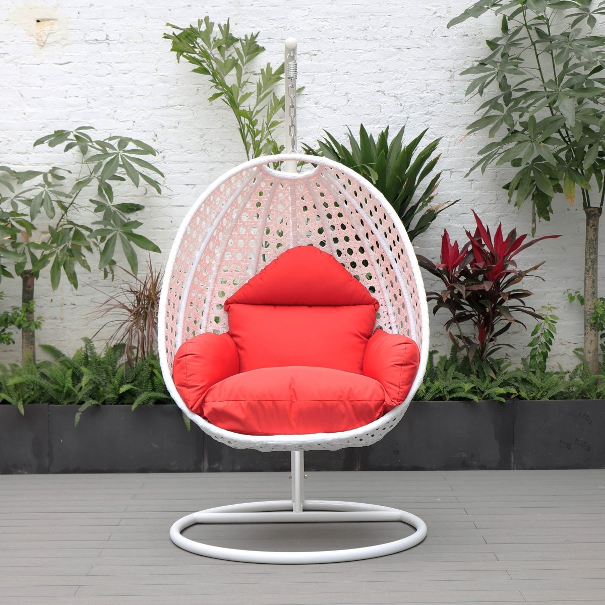 Modern Wicker Hanging Single Seating Egg Swing Chair in Beige/Charcoal/White Frame With Cushions