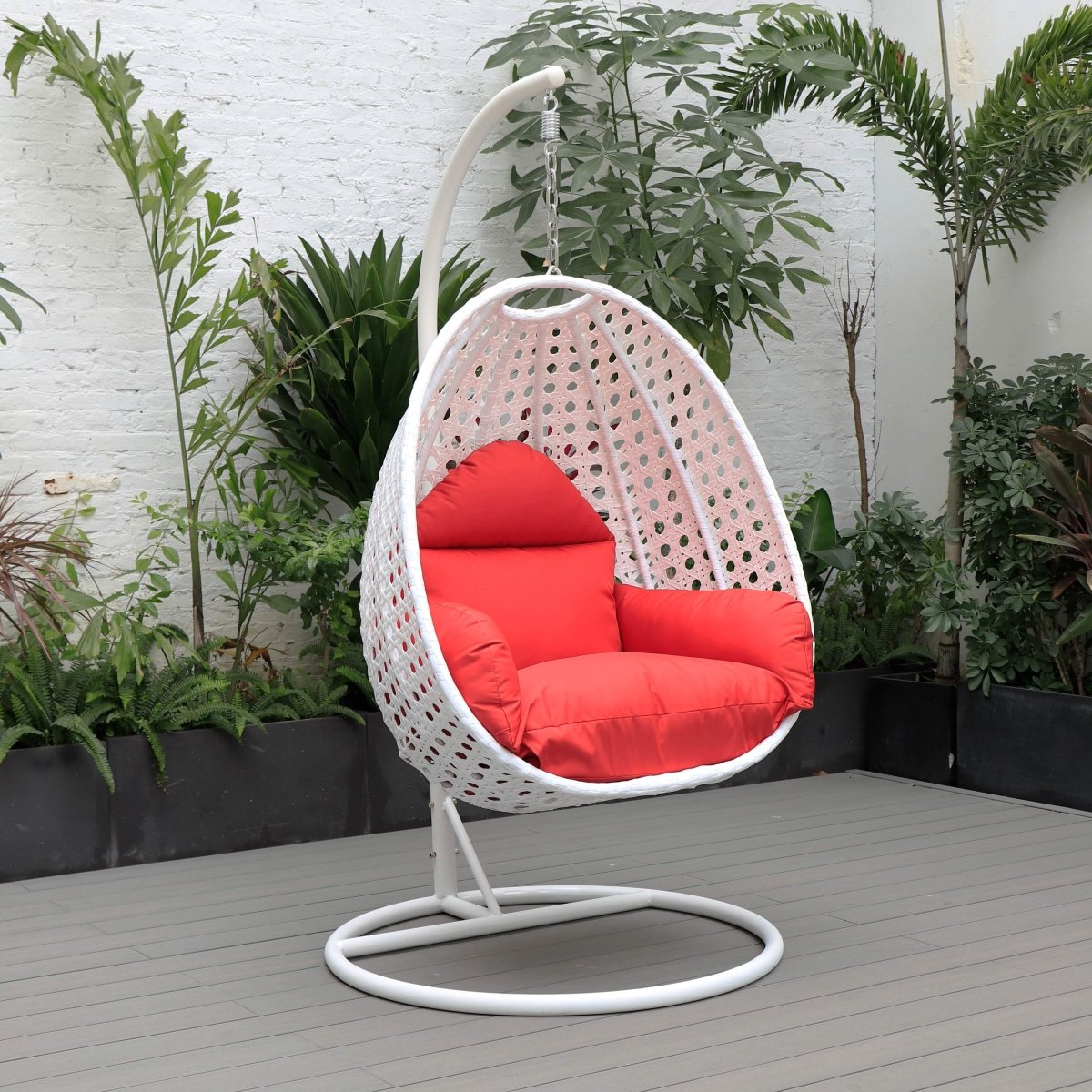 Modern Wicker Hanging Single Seating Egg Swing Chair in Beige/Charcoal/White Frame With Cushions