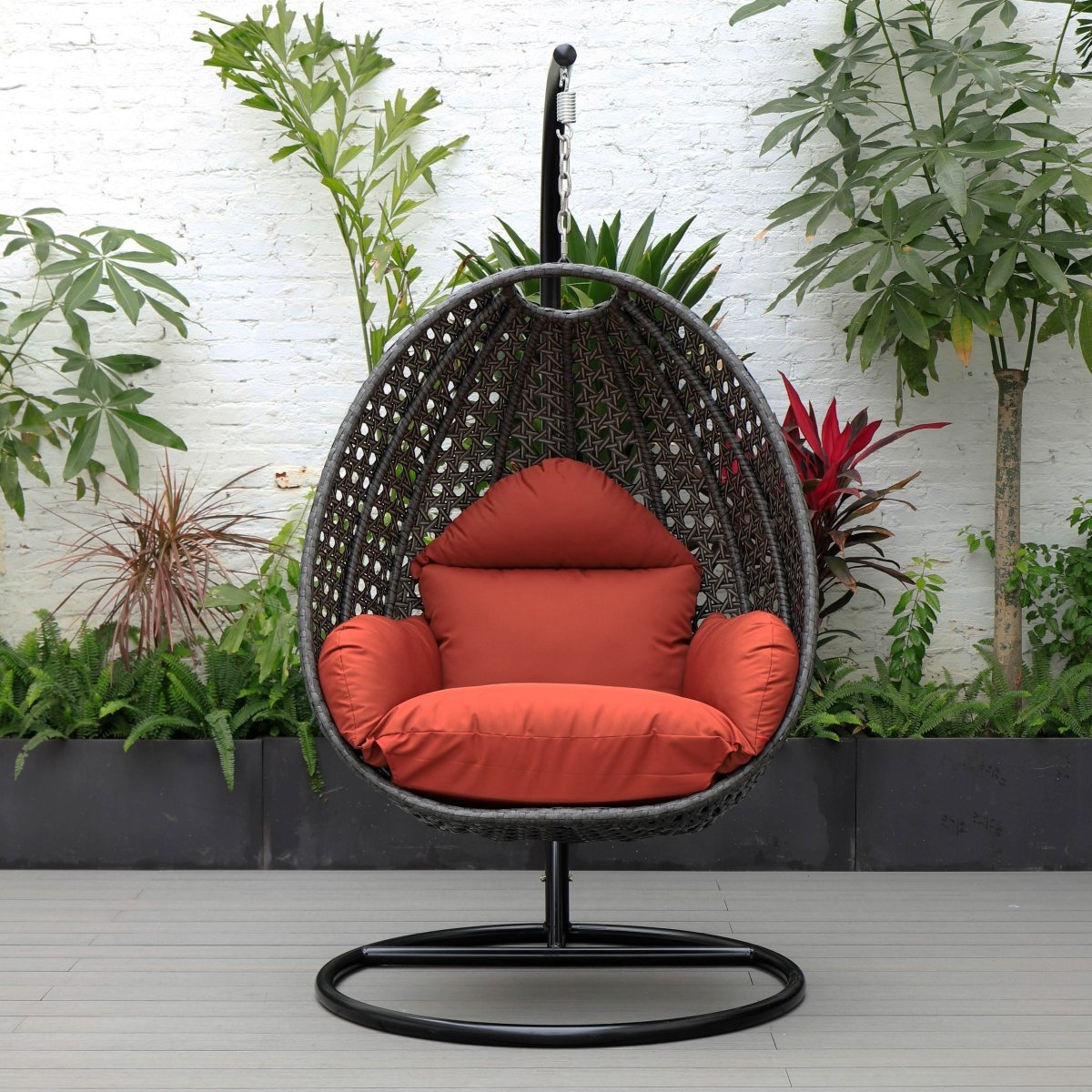 Modern Wicker Hanging Single Seating Egg Swing Chair in Beige/Charcoal/White Frame With Cushions