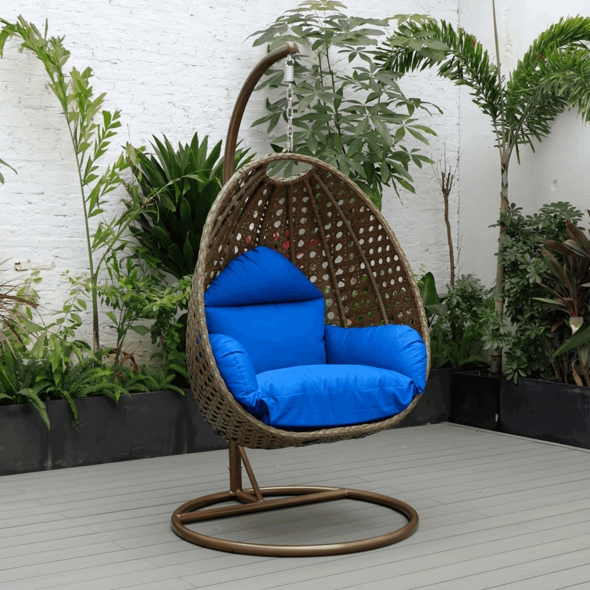 Modern Wicker Hanging Single Seating Egg Swing Chair in Beige/Charcoal/White Frame With Cushions