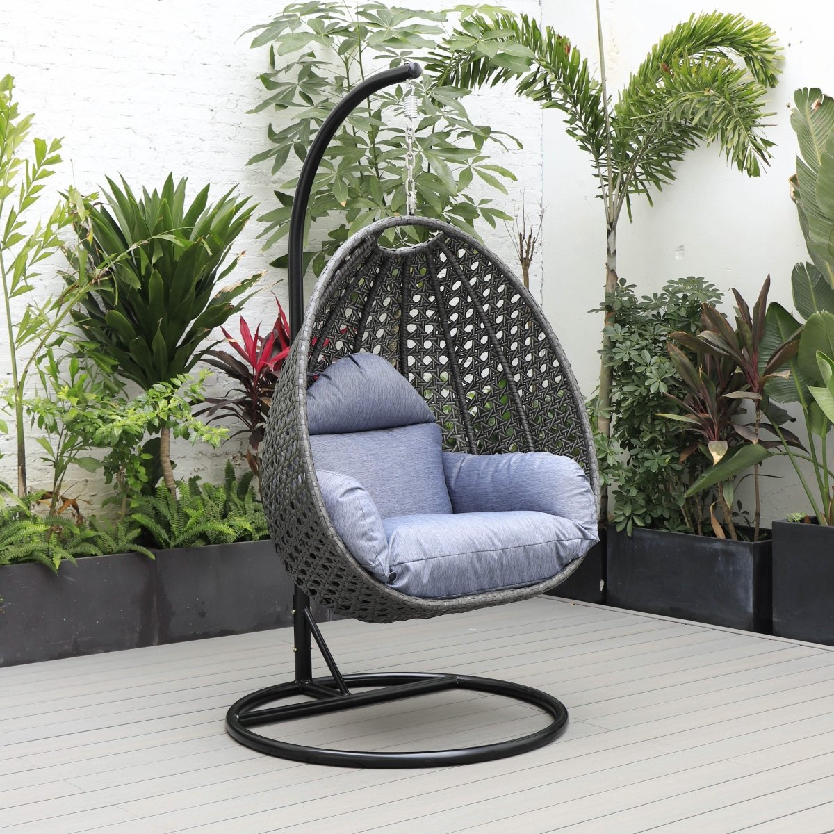 Modern Wicker Hanging Single Seating Egg Swing Chair in Beige/Charcoal/White Frame With Cushions