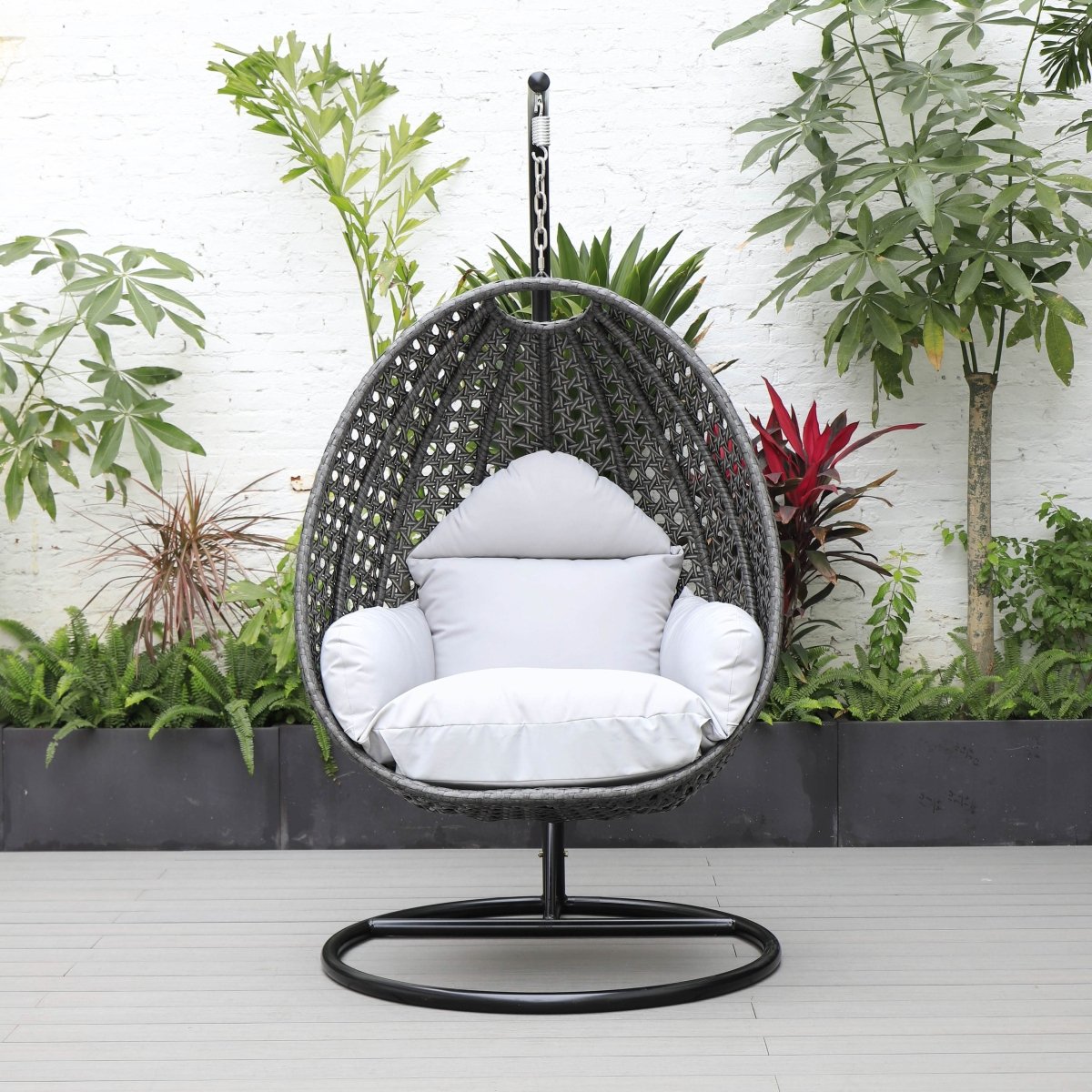 Modern Wicker Hanging Single Seating Egg Swing Chair in Beige/Charcoal/White Frame With Cushions