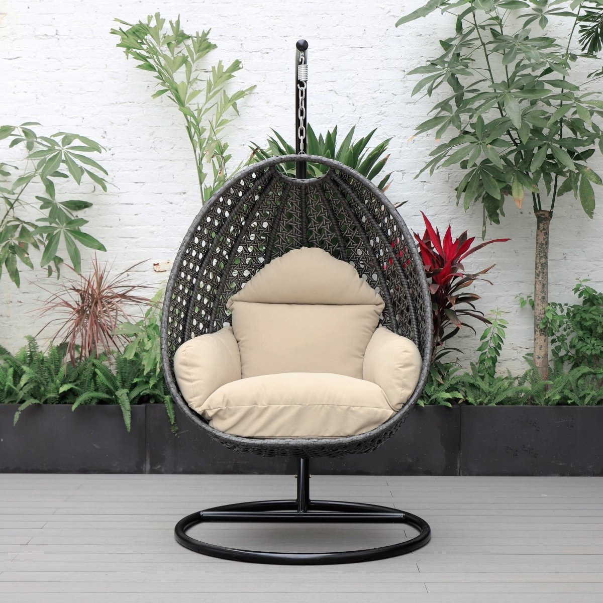 Modern Wicker Hanging Single Seating Egg Swing Chair in Beige/Charcoal/White Frame With Cushions