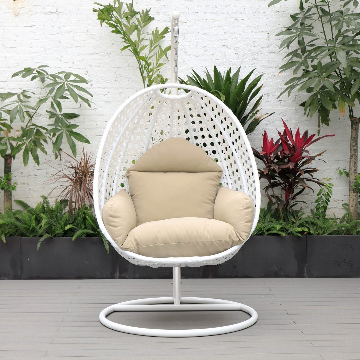 Modern Wicker Hanging Single Seating Egg Swing Chair in Beige/Charcoal/White Frame With Cushions