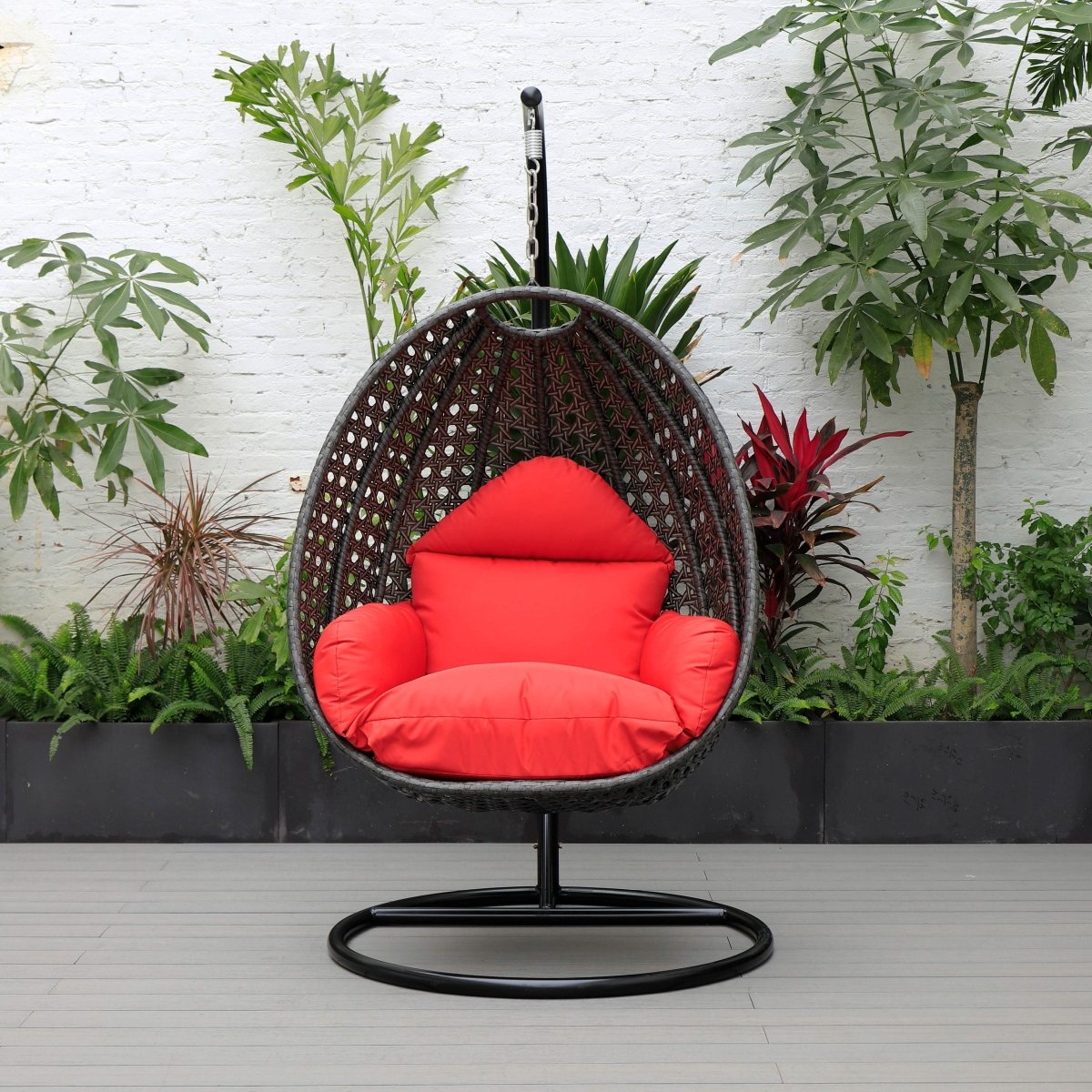 Modern Wicker Hanging Single Seating Egg Swing Chair in Beige/Charcoal/White Frame With Cushions