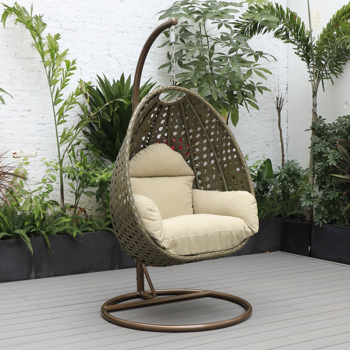 Modern Wicker Hanging Single Seating Egg Swing Chair in Beige/Charcoal/White Frame With Cushions