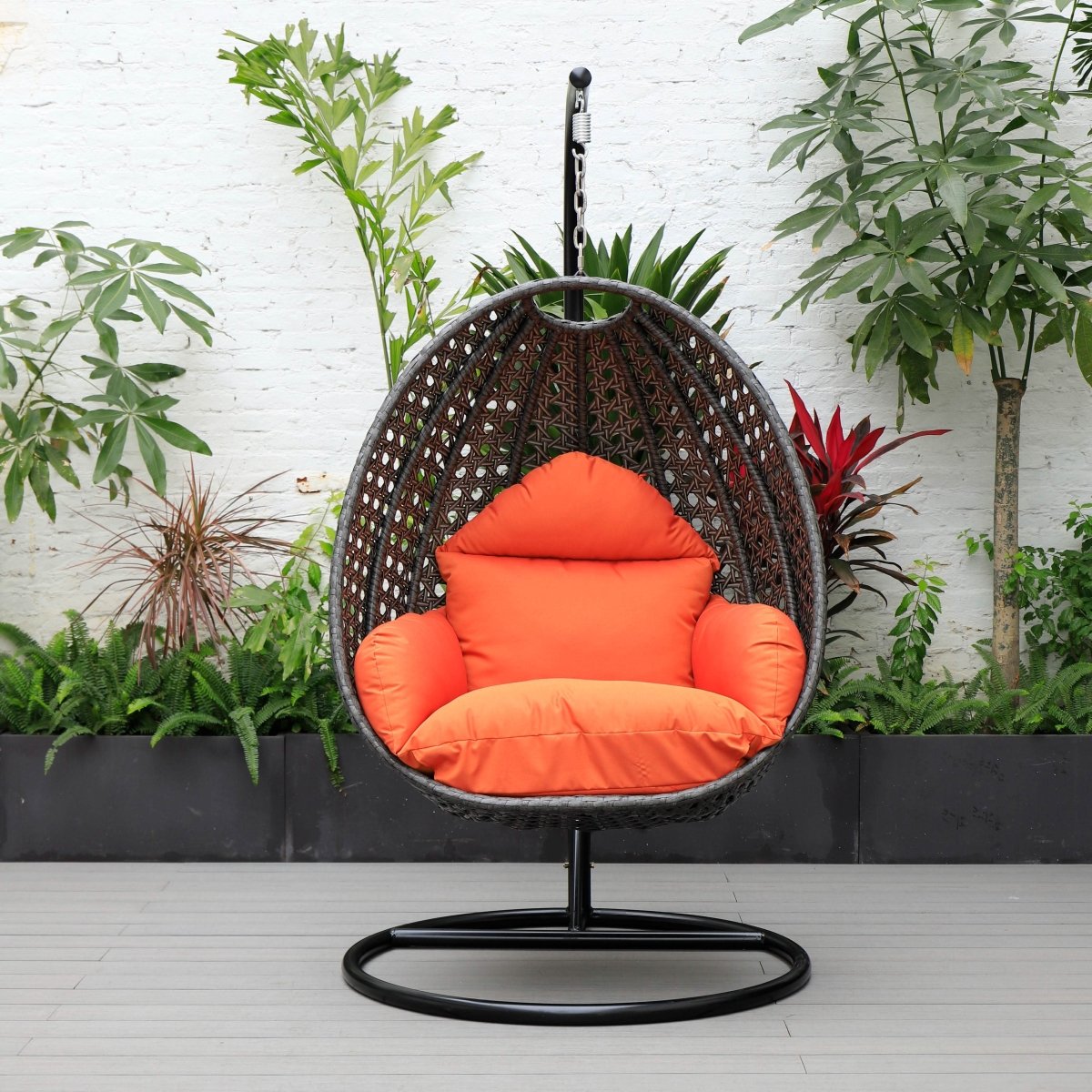 Modern Wicker Hanging Single Seating Egg Swing Chair in Beige/Charcoal/White Frame With Cushions