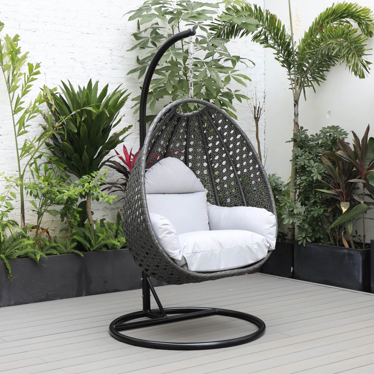 Modern Wicker Hanging Single Seating Egg Swing Chair in Beige/Charcoal/White Frame With Cushions