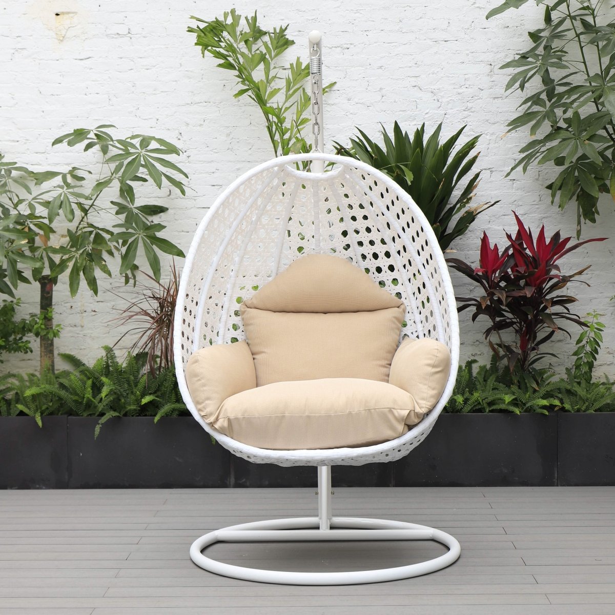 Modern Wicker Hanging Single Seating Egg Swing Chair in Beige/Charcoal/White Frame With Cushions