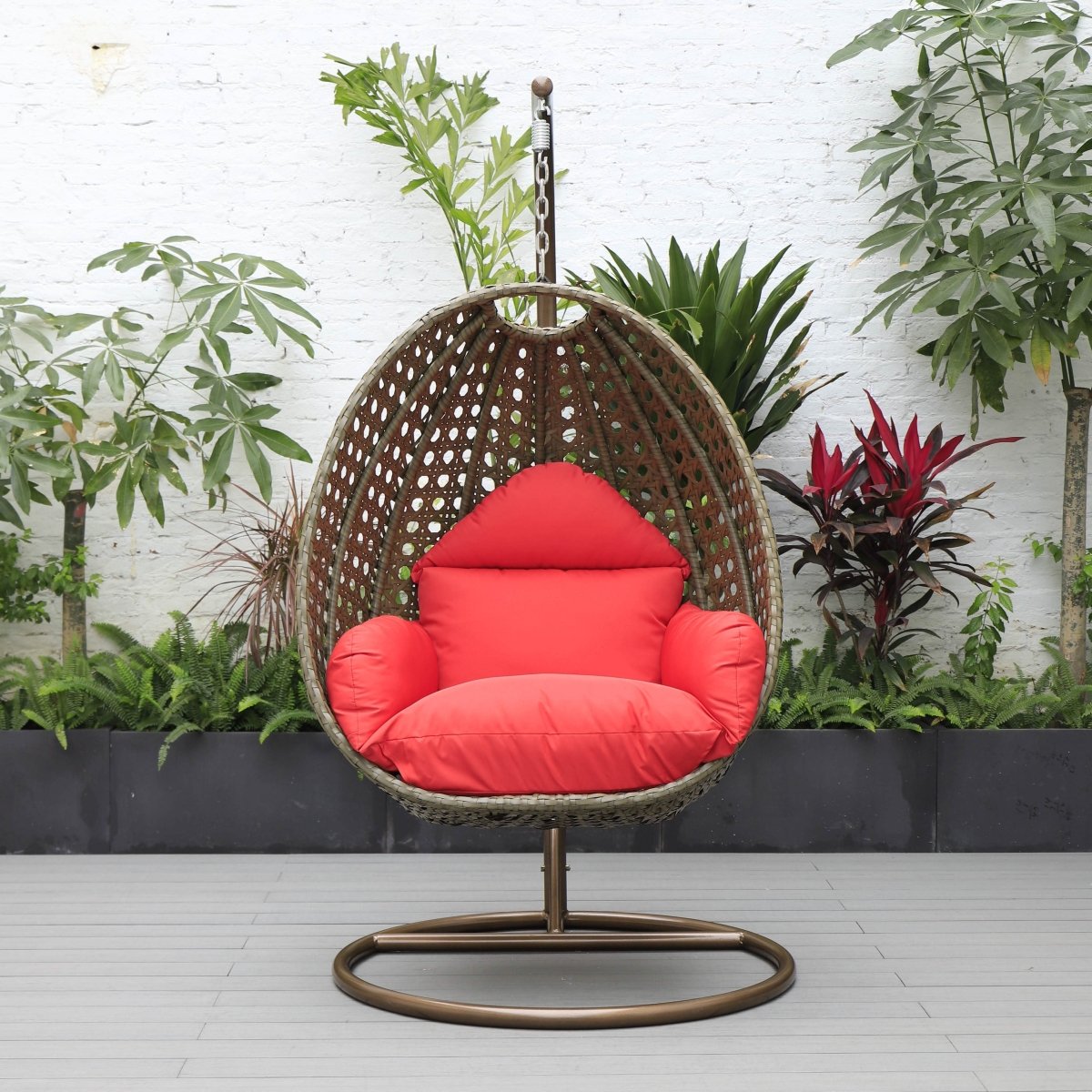 Modern Wicker Hanging Single Seating Egg Swing Chair in Beige/Charcoal/White Frame With Cushions