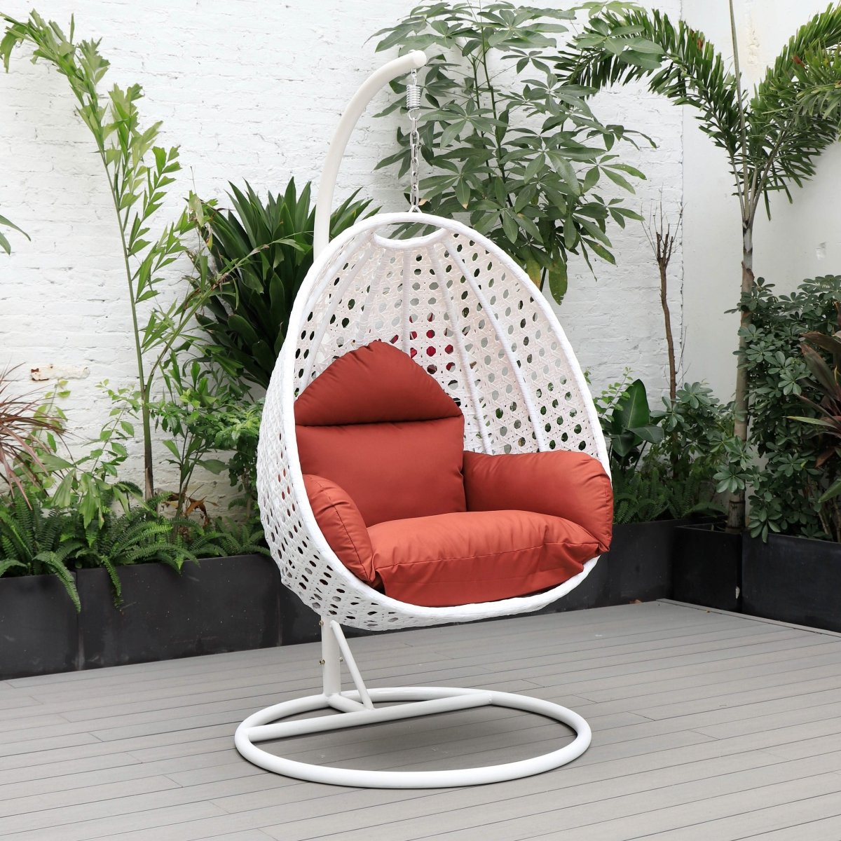 Modern Wicker Hanging Single Seating Egg Swing Chair in Beige/Charcoal/White Frame With Cushions