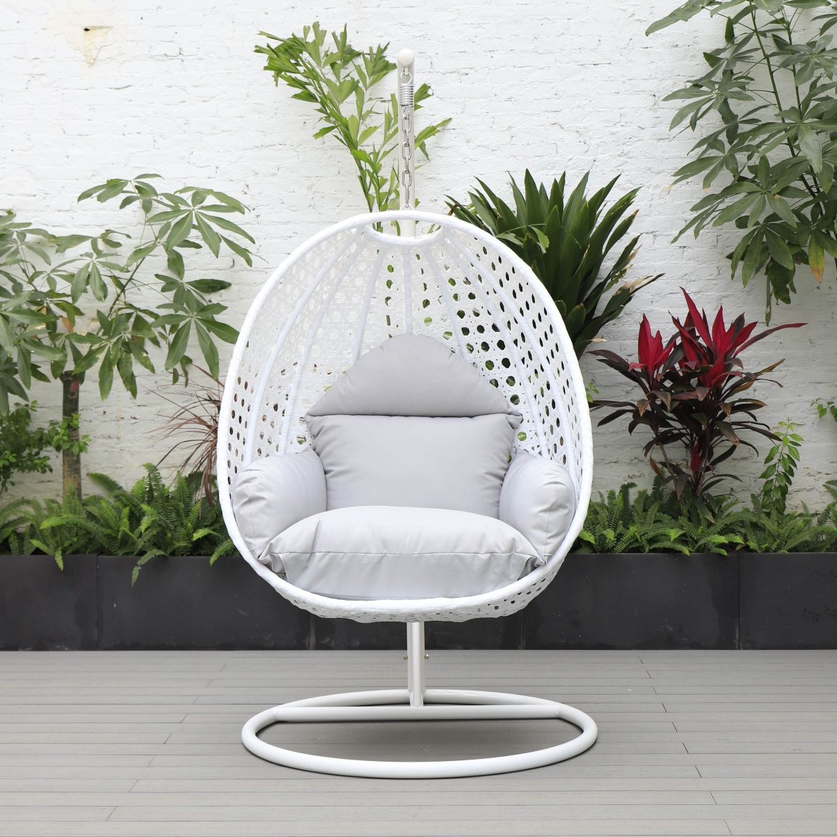 Modern Wicker Hanging Single Seating Egg Swing Chair in Beige/Charcoal/White Frame With Cushions
