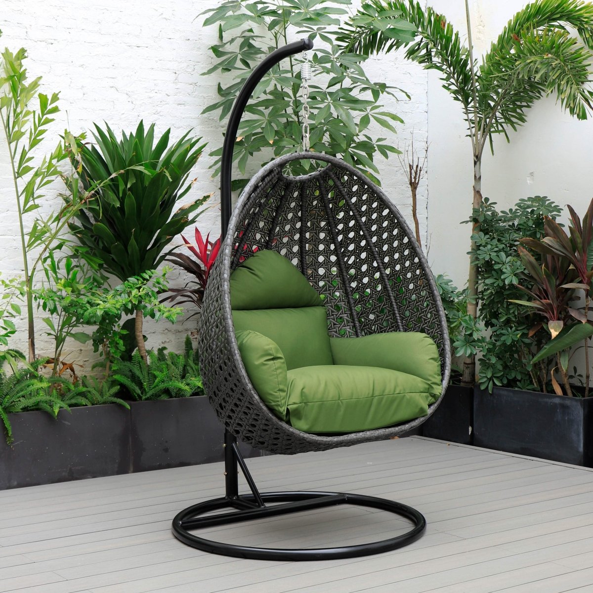 Modern Wicker Hanging Single Seating Egg Swing Chair in Beige/Charcoal/White Frame With Cushions