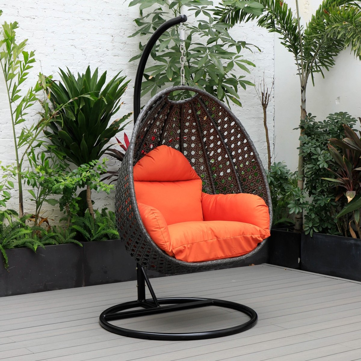 Modern Wicker Hanging Single Seating Egg Swing Chair in Beige/Charcoal/White Frame With Cushions