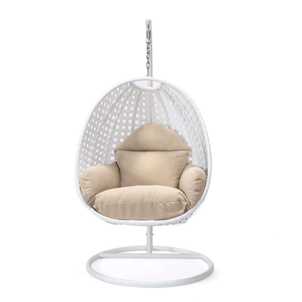 Modern Wicker Hanging Single Seating Egg Swing Chair in Beige/Charcoal/White Frame With Cushions