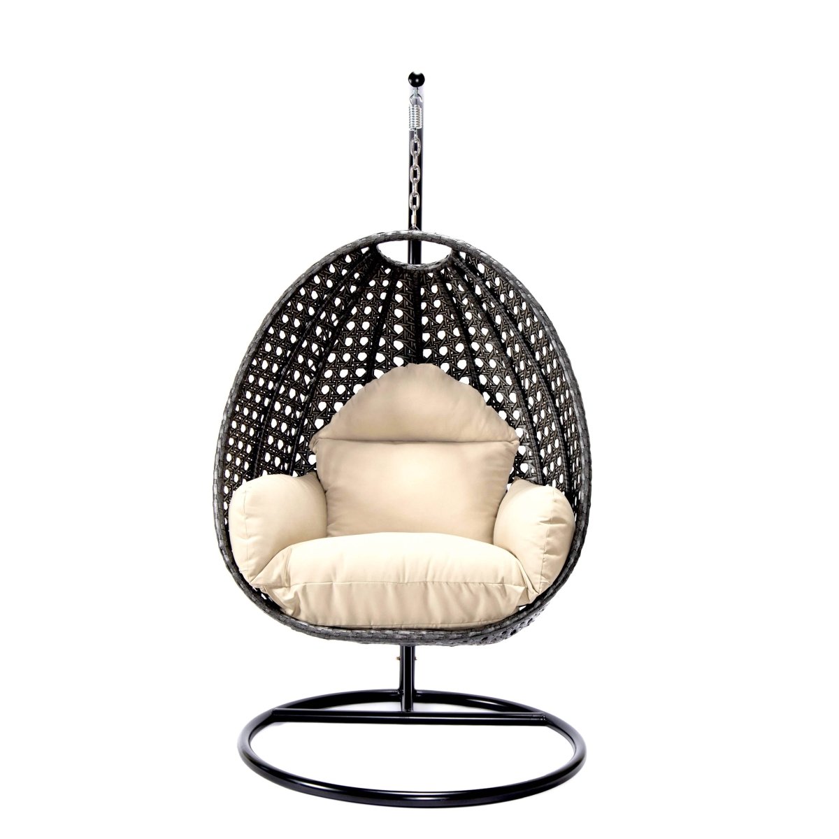 Modern Wicker Hanging Single Seating Egg Swing Chair in Beige/Charcoal/White Frame With Cushions