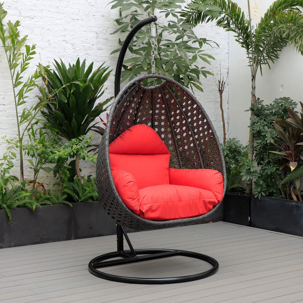 Modern Wicker Hanging Single Seating Egg Swing Chair in Beige/Charcoal/White Frame With Cushions