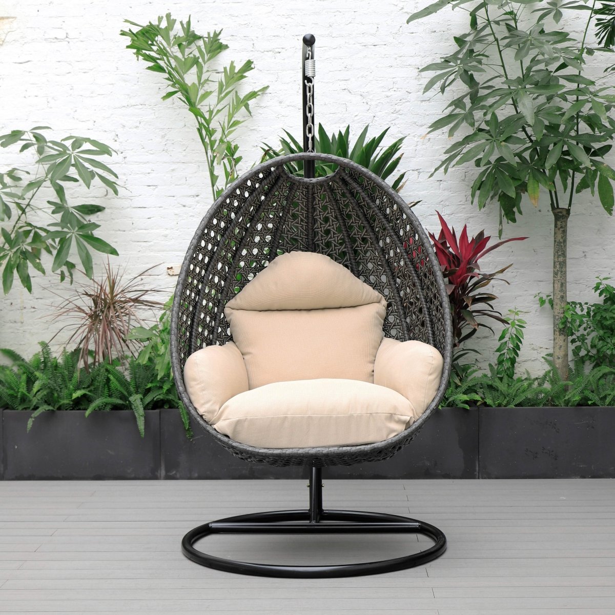Modern Wicker Hanging Single Seating Egg Swing Chair in Beige/Charcoal/White Frame With Cushions