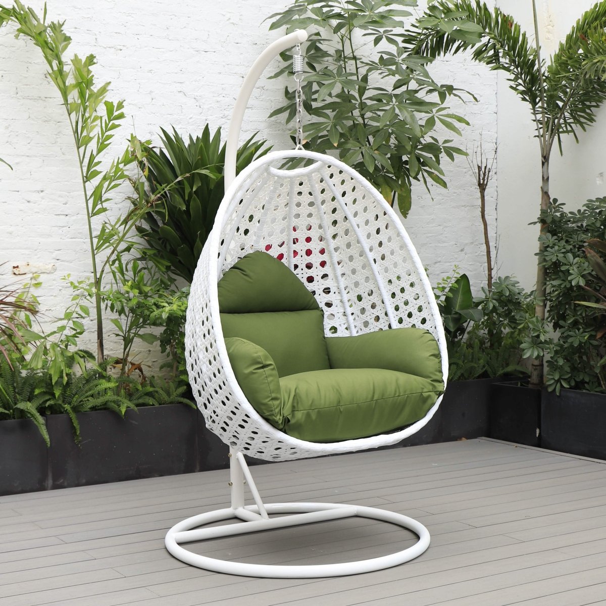 Modern Wicker Hanging Single Seating Egg Swing Chair in Beige/Charcoal/White Frame With Cushions