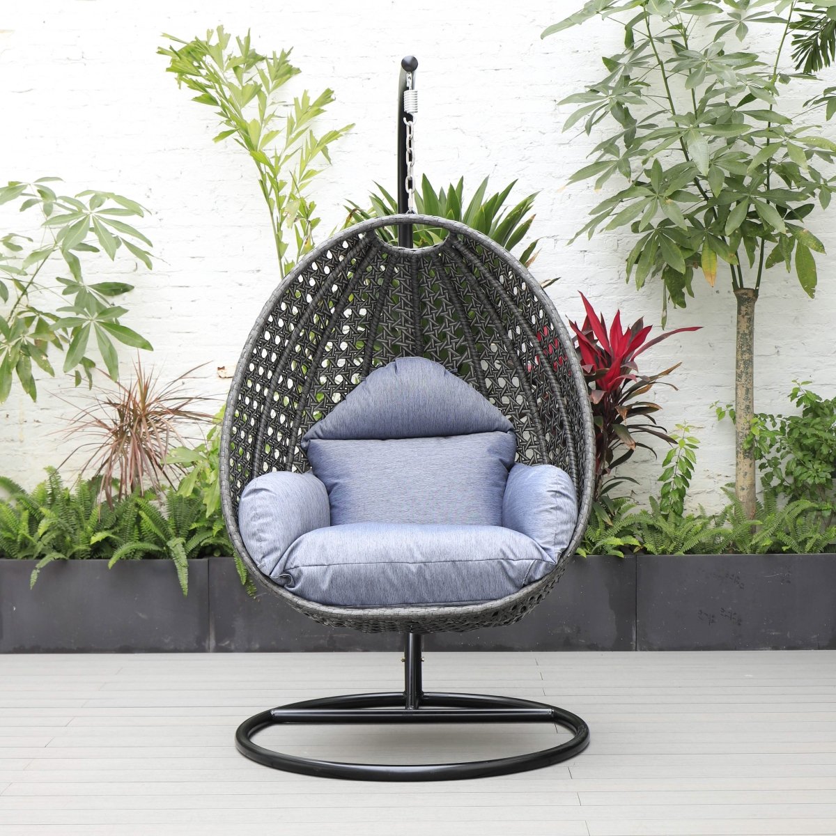 Modern Wicker Hanging Single Seating Egg Swing Chair in Beige/Charcoal/White Frame With Cushions