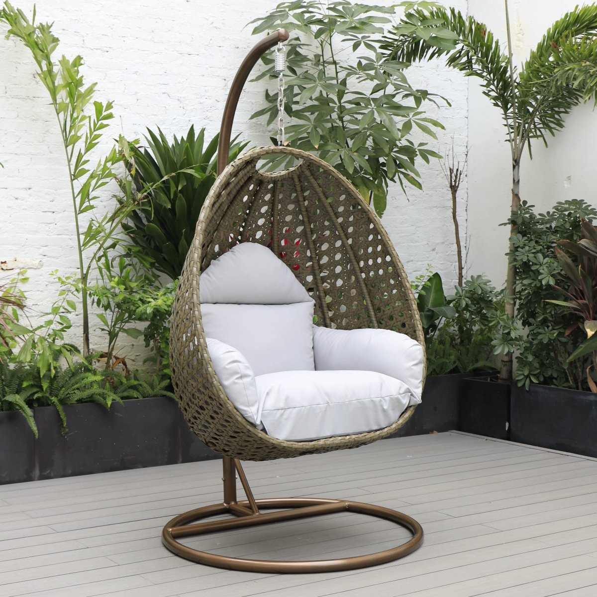 Modern Wicker Hanging Single Seating Egg Swing Chair in Beige/Charcoal/White Frame With Cushions