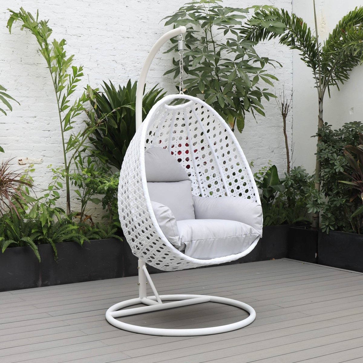 Modern Wicker Hanging Single Seating Egg Swing Chair in Beige/Charcoal/White Frame With Cushions