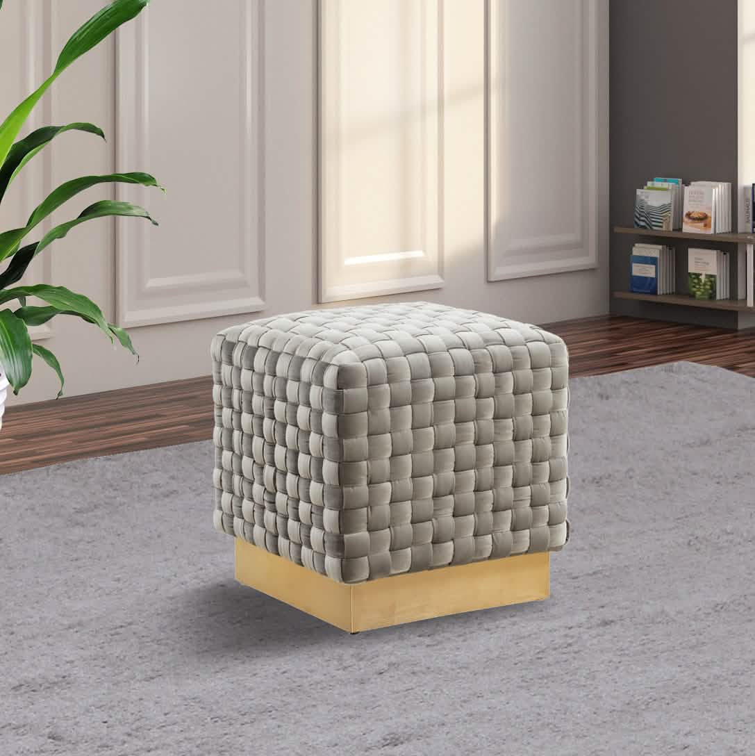 Myrtle 19" Square Weave Design Velvet Ottoman With Gold Base