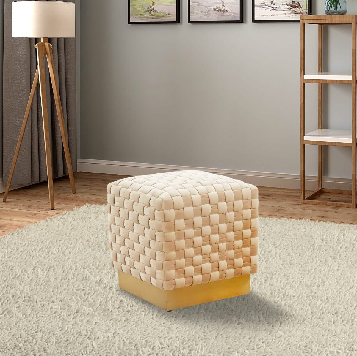 Myrtle 19" Square Weave Design Velvet Ottoman With Gold Base