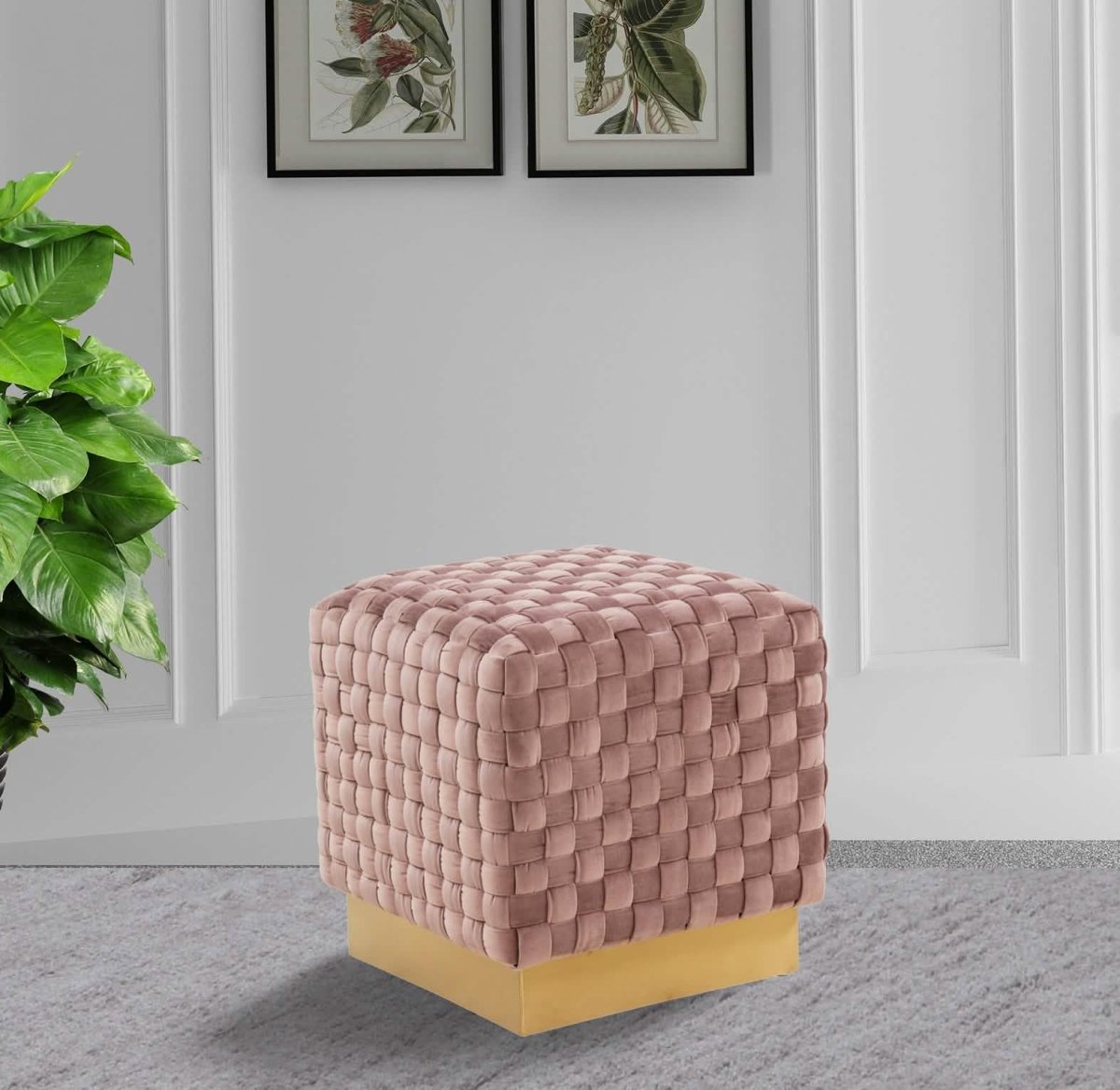 Myrtle 19" Square Weave Design Velvet Ottoman With Gold Base
