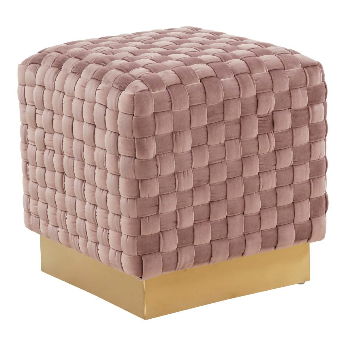 Myrtle 19" Square Weave Design Velvet Ottoman With Gold Base