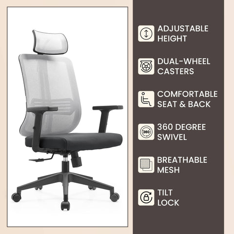 Nift Adjustable Upholstered Office Chair with Foam Filled Seat and Mesh Back and Headrest