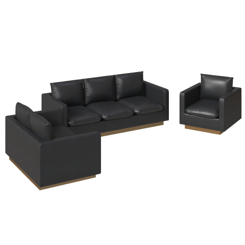 Nervo Velvet/Leather 3-Piece Living Room Sofa Set With Gold Frame and Removable Cushions