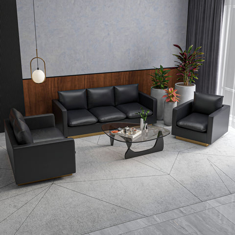 Nervo Velvet/Leather 3-Piece Living Room Sofa Set With Gold Frame and Removable Cushions