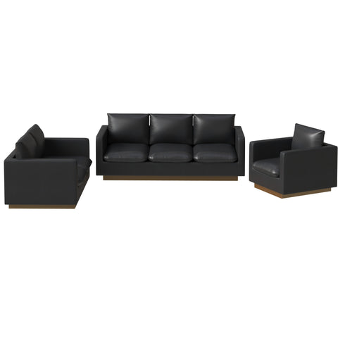 Nervo Velvet/Leather 3-Piece Living Room Sofa Set With Gold Frame and Removable Cushions