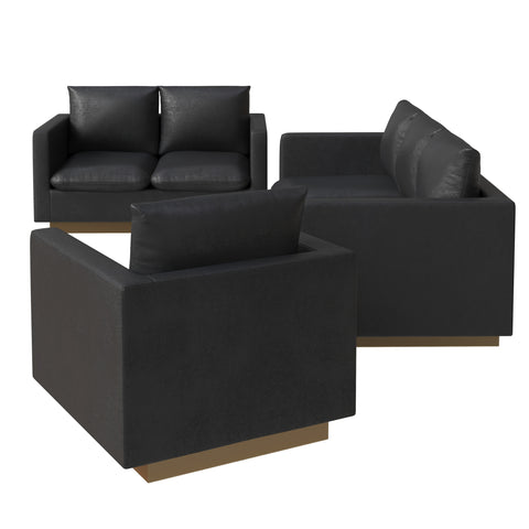 Nervo Velvet/Leather 3-Piece Living Room Sofa Set With Gold Frame and Removable Cushions