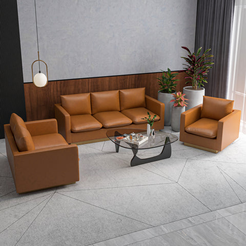Nervo Velvet/Leather 3-Piece Living Room Sofa Set With Gold Frame and Removable Cushions