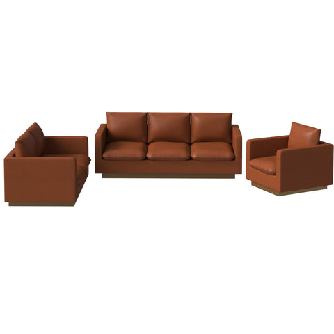 Nervo Velvet/Leather 3-Piece Living Room Sofa Set With Gold Frame and Removable Cushions