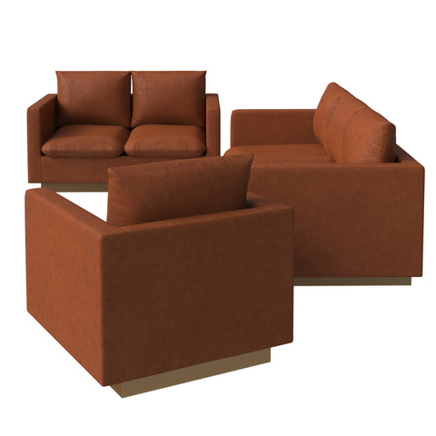Nervo Velvet/Leather 3-Piece Living Room Sofa Set With Gold Frame and Removable Cushions