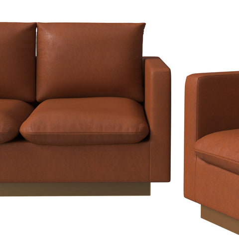 Nervo Velvet/Leather 3-Piece Living Room Sofa Set With Gold Frame and Removable Cushions