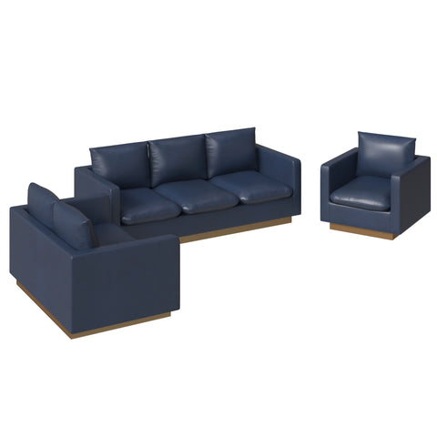 Nervo Velvet/Leather 3-Piece Living Room Sofa Set With Gold Frame and Removable Cushions