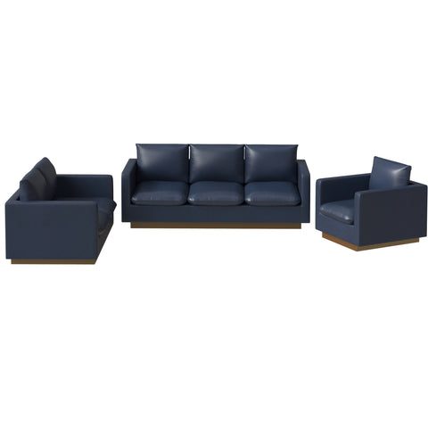 Nervo Velvet/Leather 3-Piece Living Room Sofa Set With Gold Frame and Removable Cushions
