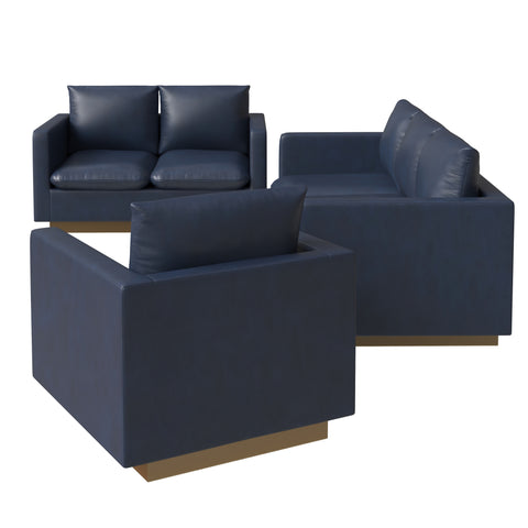 Nervo Velvet/Leather 3-Piece Living Room Sofa Set With Gold Frame and Removable Cushions