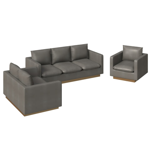 Nervo Velvet/Leather 3-Piece Living Room Sofa Set With Gold Frame and Removable Cushions