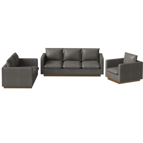 Nervo Velvet/Leather 3-Piece Living Room Sofa Set With Gold Frame and Removable Cushions
