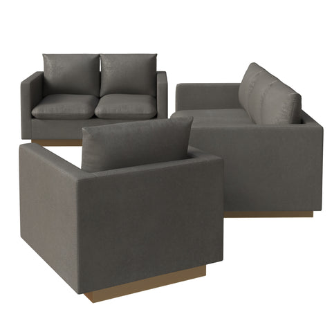 Nervo Velvet/Leather 3-Piece Living Room Sofa Set With Gold Frame and Removable Cushions