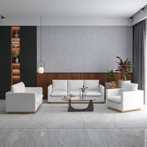 Nervo Velvet/Leather 3-Piece Living Room Sofa Set With Gold Frame and Removable Cushions