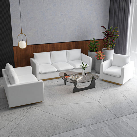 Nervo Velvet/Leather 3-Piece Living Room Sofa Set With Gold Frame and Removable Cushions