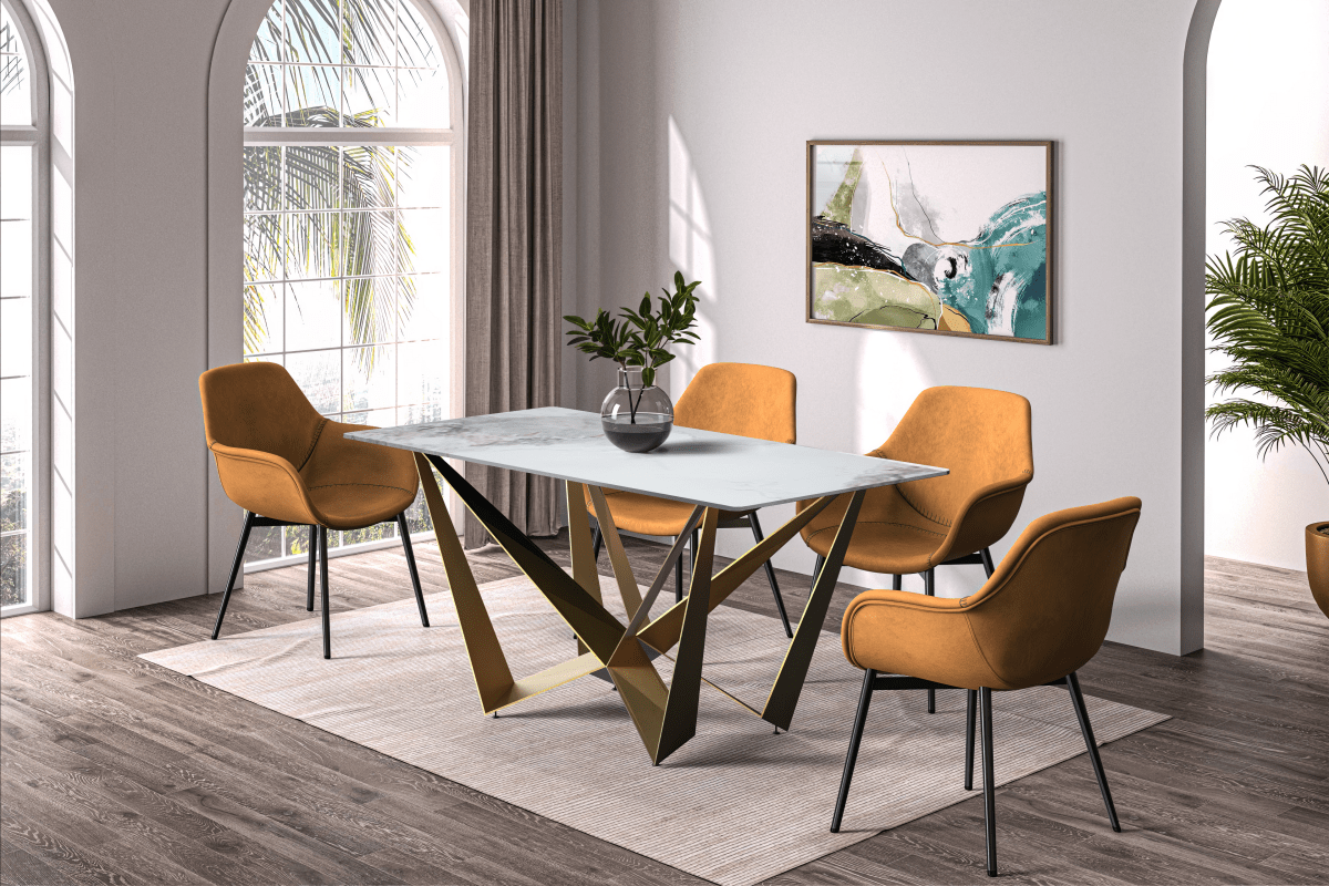 Nuvor Dining Table with Rectangular Sintered Stone/Glass Tabletop and Gold Steel Legs